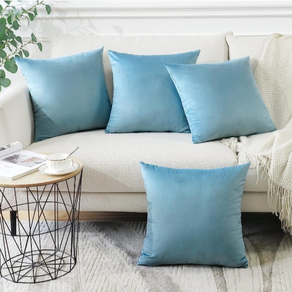 Set of 4 Sky Blue Soft Velvet New Pillow Covers 18" Square w Zipper Pastel Decor - Picture 2 of 7